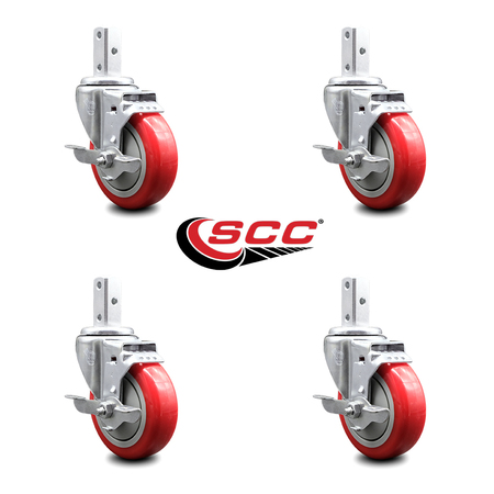 Service Caster 4 Inch Red Poly Wheel Swivel 3/4 Inch Square Stem Caster Set with Brake SCC SCC-SQ20S414-PPUB-RED-TLB-34-4